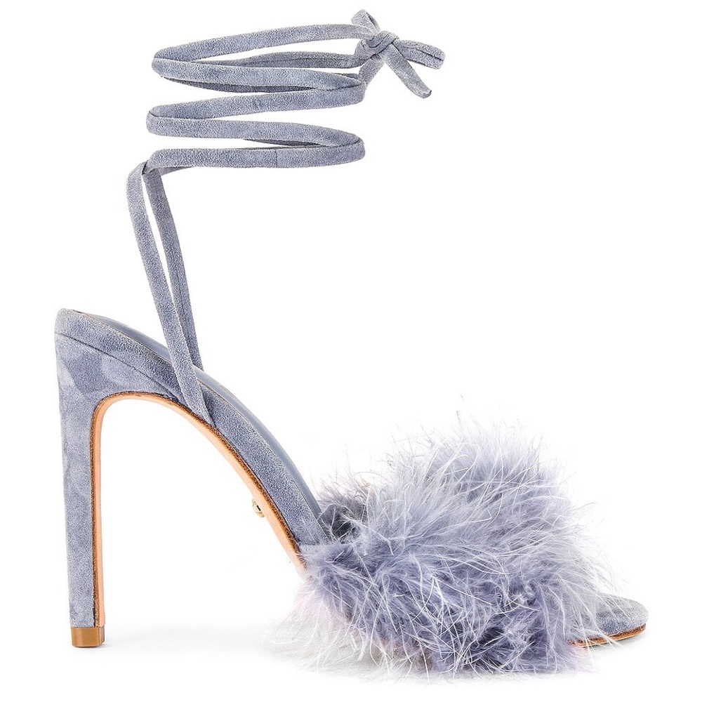 NEW Raye Fara Periwinkle Lavender Feather and Suede Strappy Heels 8.5